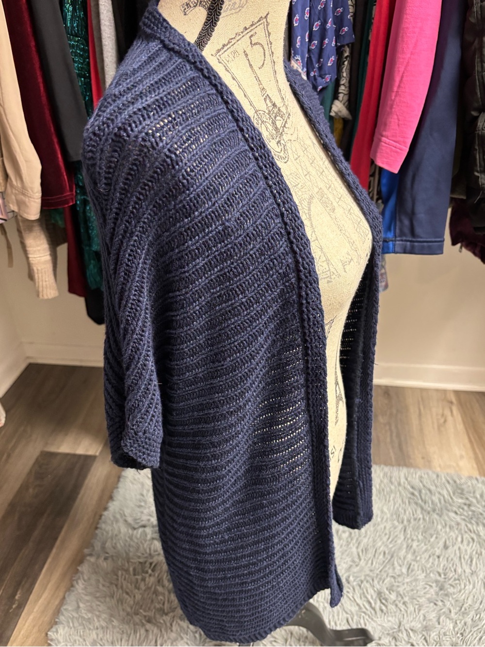 Talbots Navy Blue Short-Sleeve Open-Front Knit Cardigan Sweater - Picture 4 of 14